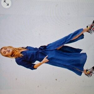 Free People x CP Shades Allie Maxi in Indigo Blue Linen Shirt Dress Med NO BELT